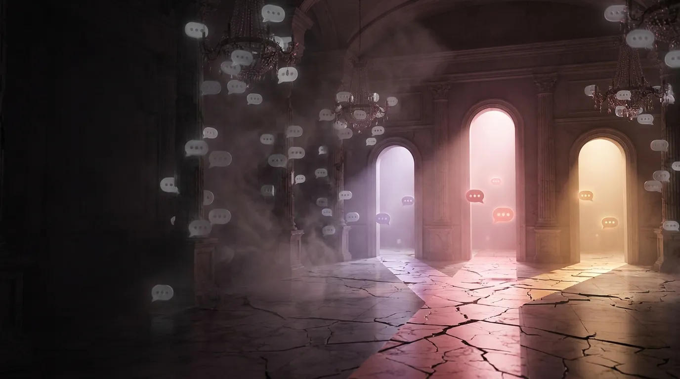 Cinematic 3D render of a dim abandoned grand hall with dusty floating chat bubbles and three glowing archways in rose pink, a