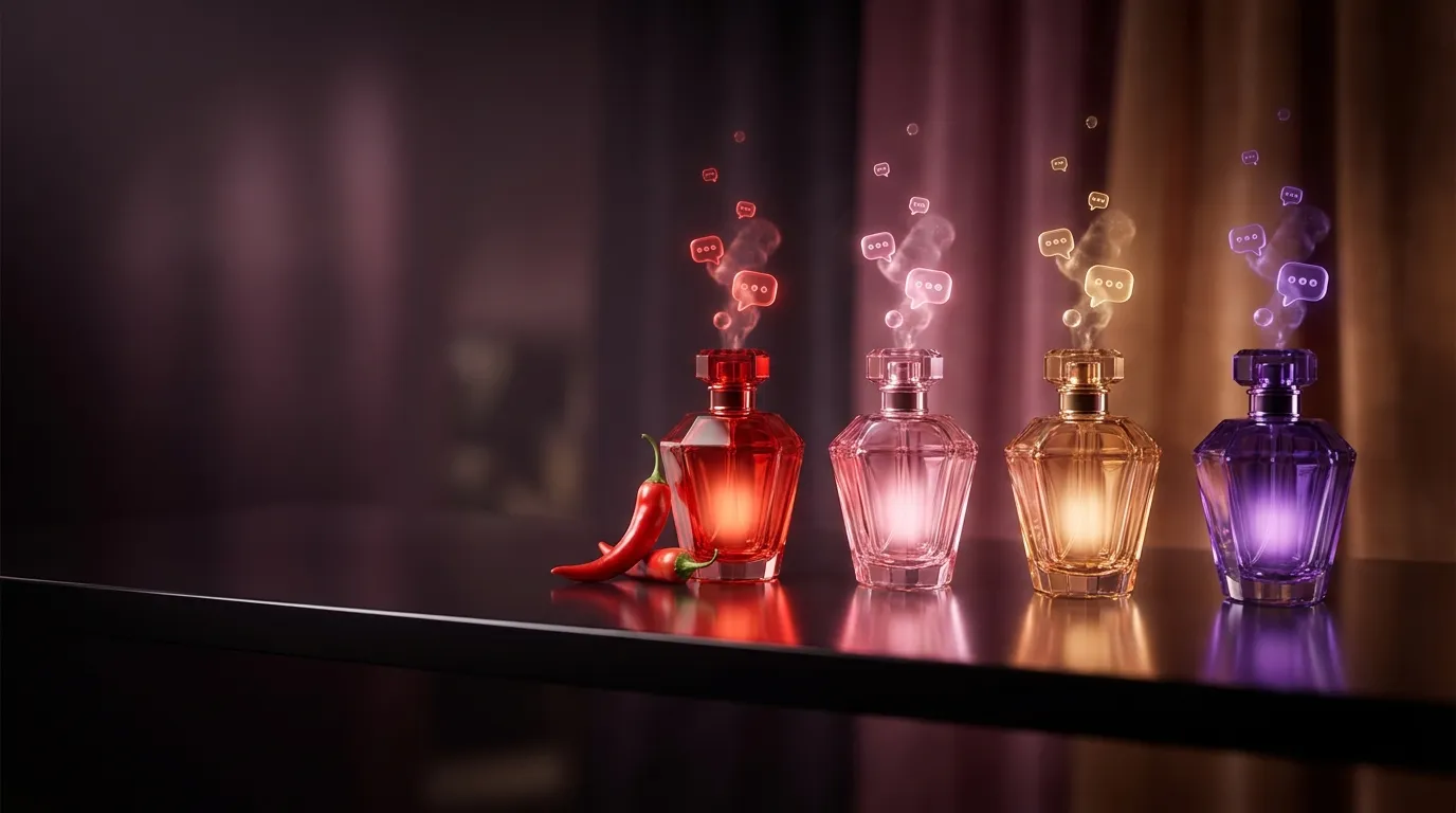 Elegant crystal perfume bottles glowing chili red, rose, amber, and violet on a dark mirrored shelf with luminous chat bubble