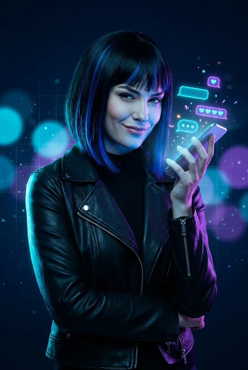 Confident woman with sleek black bob and blue streaks holds glowing phone, electric cyan and violet rim lights, floating chat