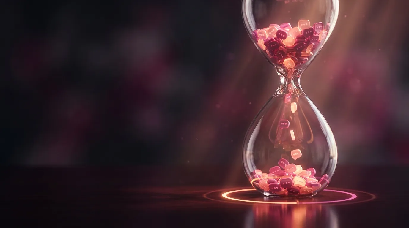 Cinematic 3D render of a glass hourglass on a dark lacquered table with tiny glowing rose chat bubbles falling through it, vo