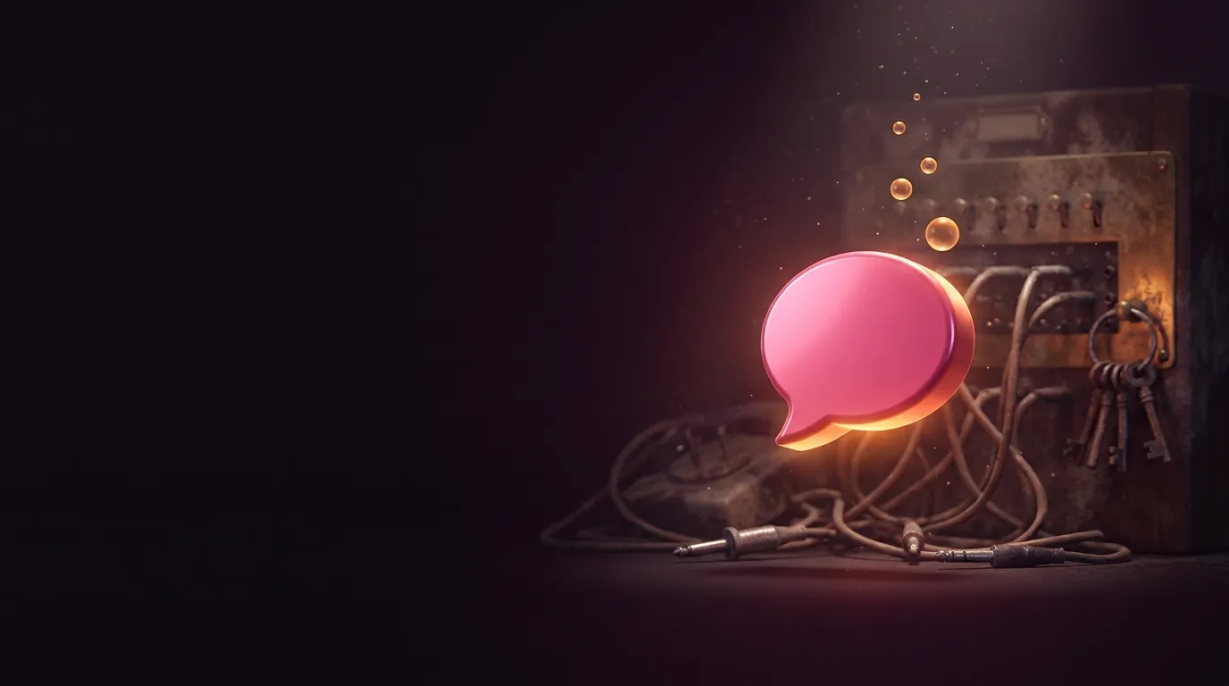 Glowing rose chat bubble floats before a dusty vintage brass telephone switchboard with tangled cables, warm amber volumetric