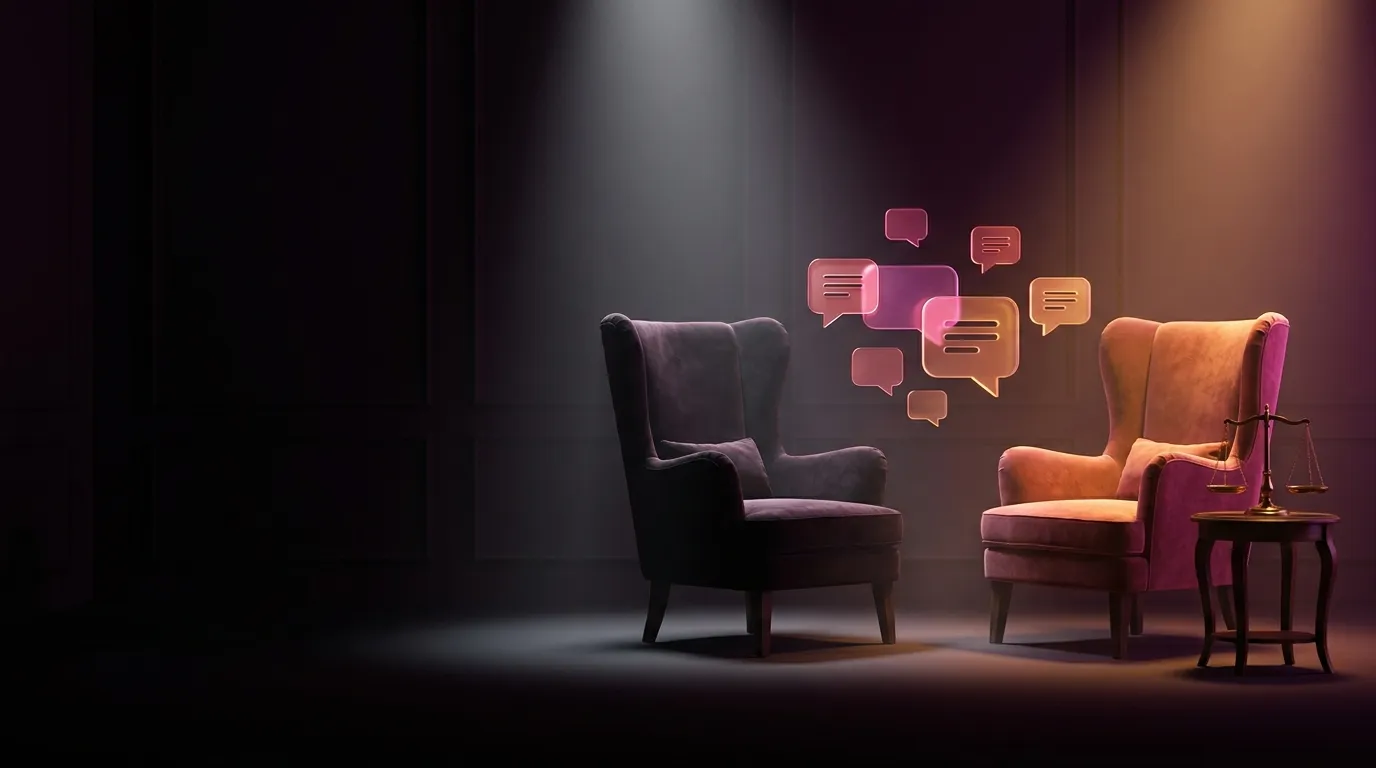 Two velvet armchairs face each other in a dark room, one lit in cool grey the other in warm rose and amber, with floating cha