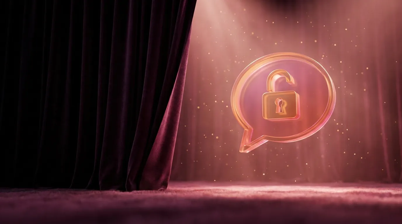 Cinematic 3D render of plum velvet curtains parting to reveal a rose-lit stage with a glowing translucent chat bubble and ope