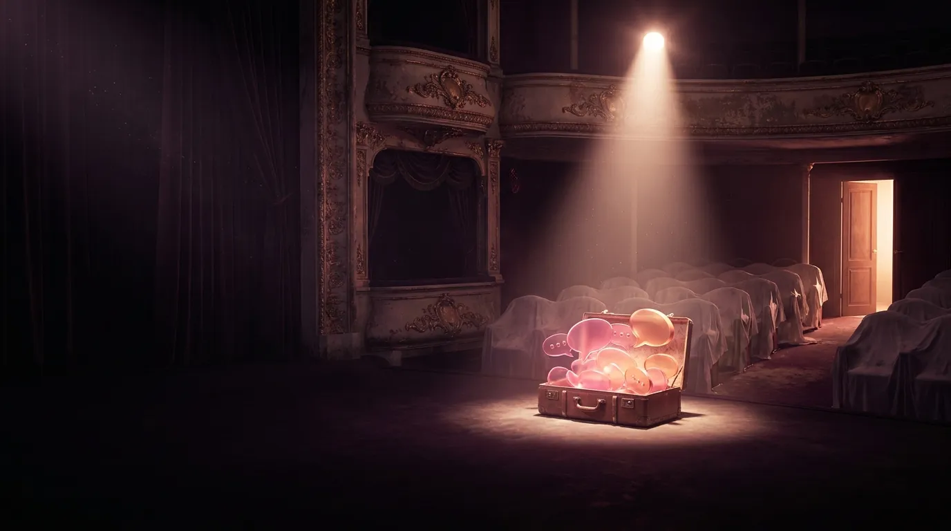 Ornate abandoned theatre at night, dust-sheeted chairs, single spotlight on a vintage suitcase overflowing with glowing rose 