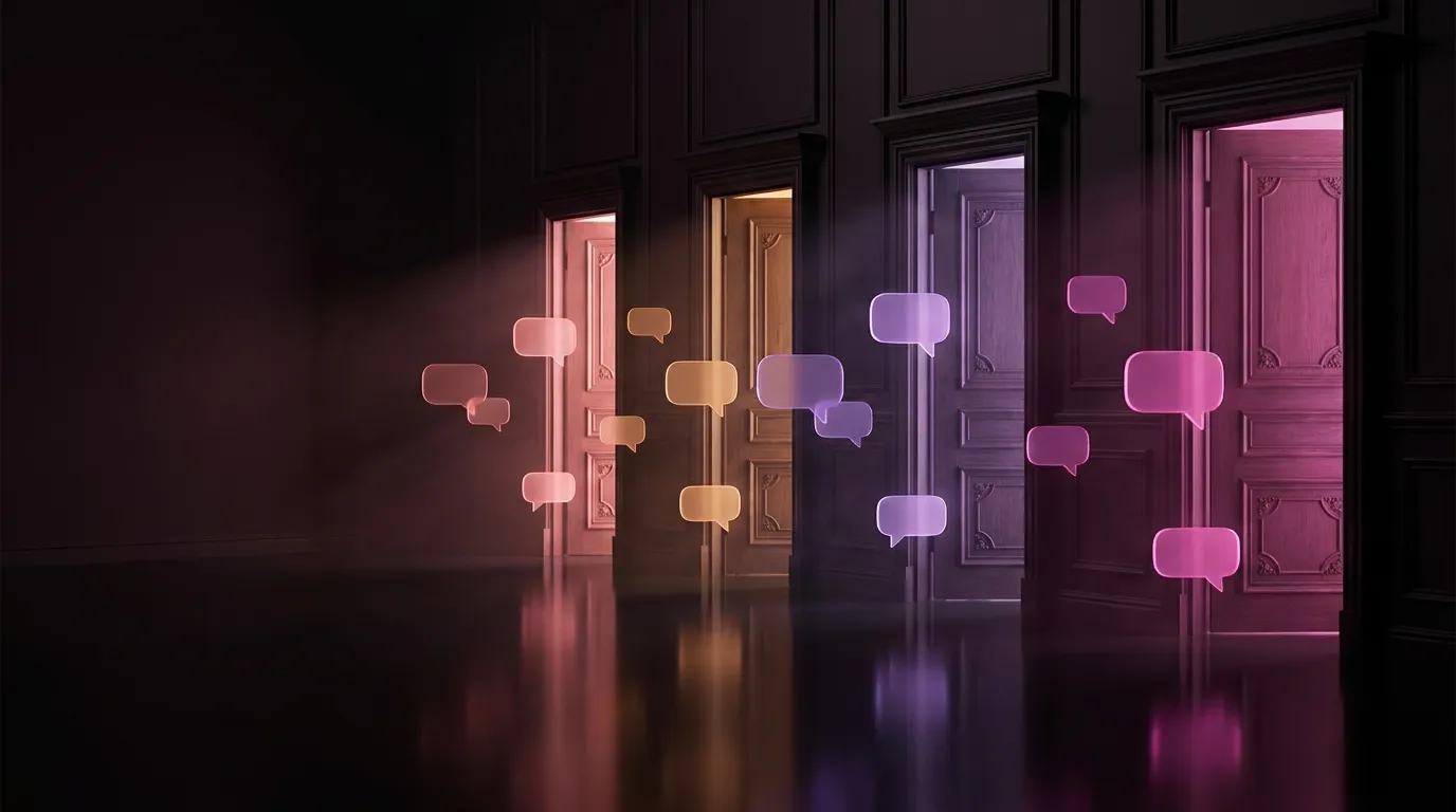 Wide 16:9 landscape image. Cinematic, highly detailed 3D render: a row of tall ornate doors in a dark corridor, each slightly